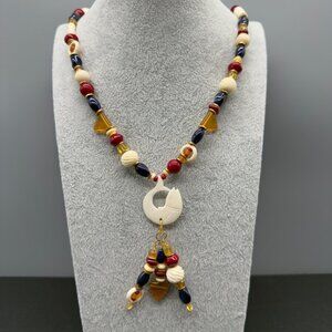 Artisan Glass Stone Beaded Necklace Carved Fish Pendant Boho Dangle Nautical